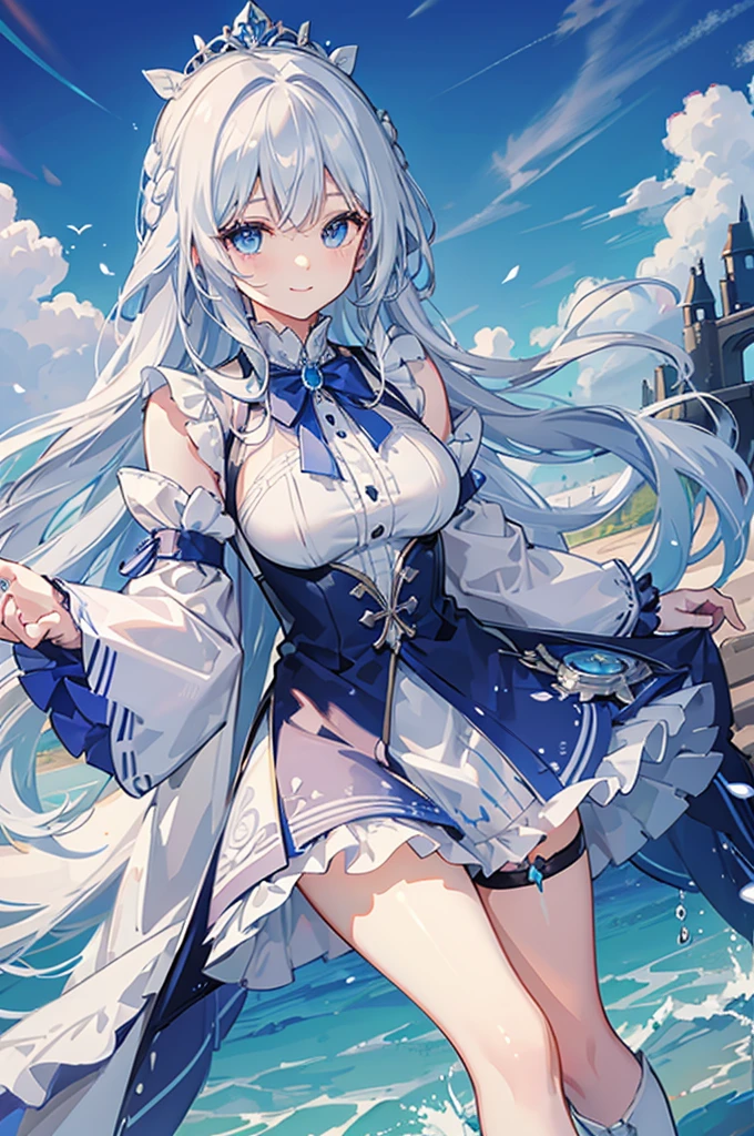 A woman with white hair and blue eyes、adult、Long, fluffy wavy hair、Braiding、Wearing hair ornaments、Smiling、Princess、White gloves、Blue-tinted dress、ribbon、Wave pattern、Decorations such as roses and drops、race、The dress is short in the front and long in the back、Wearing a cape、Garter Ring、short boots、water、Fantasy