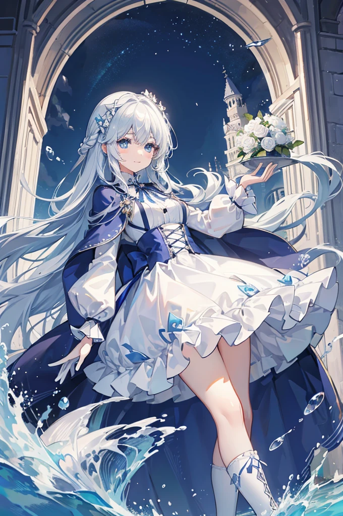 A woman with white hair and blue eyes、adult、Long, fluffy wavy hair、Braiding、Wearing hair ornaments、Smiling、Princess、White gloves、Blue-tinted dress、ribbon、Wave pattern、Decorations such as roses and drops、race、The dress is short in the front and long in the back、Wearing a cape、Garter Ring、short boots、water、Fantasy