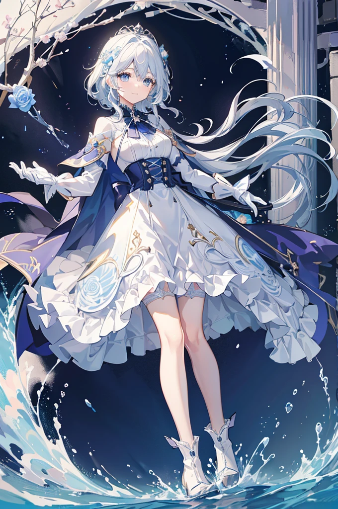 A woman with white hair and blue eyes、adult、Long, fluffy wavy hair、Braiding、Wearing hair ornaments、Smiling、Princess、White gloves、Blue-tinted dress、Wave pattern、Decorations such as roses and drops、The dress is short in the front and long in the back、Wearing a cape、Garter Ring、short boots、water、Fantasy