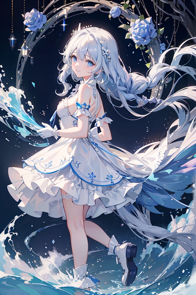 A woman with white hair and blue eyes、adult、Long, fluffy wavy hair、Braiding、Wearing hair ornaments、Smiling、Princess、White gloves、Blue-tinted dress、Wave pattern、Decorations such as roses and drops、The dress is short in the front and long in the back、Wearing a cape、Garter Ring、short boots、water、Fantasy