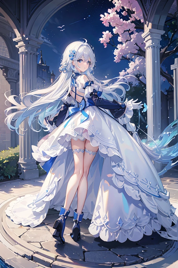 A woman with white hair and blue eyes、adult、Long, fluffy wavy hair、Braiding、Wearing hair ornaments、Smiling、Princess、White gloves、Blue-tinted dress、Wave pattern、Decorations such as roses and drops、The dress is short in the front and long in the back、Wearing a cape、Garter Ring、short boots、water、Fantasy