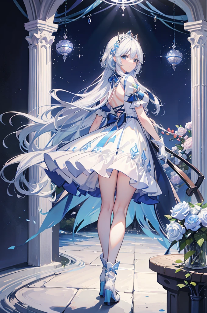 A woman with white hair and blue eyes、adult、Long, fluffy wavy hair、Braiding、Wearing hair ornaments、Smiling、Princess、White gloves、Blue-tinted dress、Wave pattern、Decorations such as roses and drops、The dress is short in the front and long in the back、Wearing a cape、Garter Ring、short boots、water、Fantasy