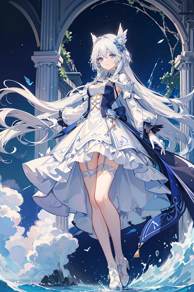 A woman with white hair and blue eyes、adult、Long, fluffy wavy hair、Braiding、Wearing hair ornaments、Smiling、Princess、White gloves、Wearing a cape、White and blue dress、Wave pattern、Decorations such as roses and drops、The dress is short in the front and long in the back、Garter Ring、short boots、water、Fantasy