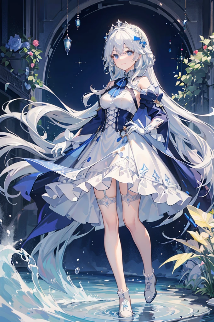 A woman with white hair and blue eyes、adult、Long, fluffy wavy hair、Braiding、Wearing hair ornaments、Smiling、Princess、White gloves、Wearing a cape、White and blue dress、Wave pattern、Decorations such as roses and drops、The dress is short in the front and long in the back、Garter Ring、short boots、water、Fantasy