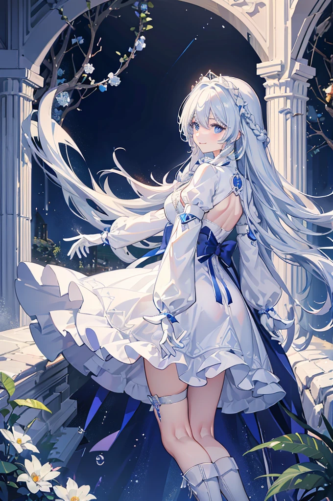 A woman with white hair and blue eyes、adult、Long, fluffy wavy hair、Braiding、Wearing hair ornaments、Smiling、Princess、White gloves、Wearing a cape、White and blue dress、Wave pattern、Decorations such as roses and drops、The dress is short in the front and long in the back、Garter Ring、short boots、water、Fantasy