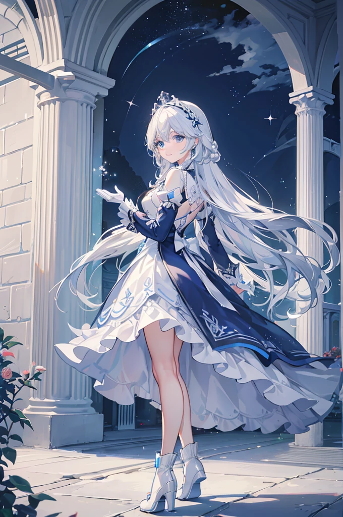 A woman with white hair and blue eyes、adult、Long, fluffy wavy hair、Braiding、Wearing hair ornaments、Smiling、Princess、White gloves、Wearing a cape、White and blue dress、Wave pattern、Decorations such as roses and drops、The dress is short in the front and long in the back、Garter Ring、short boots、water、Fantasy