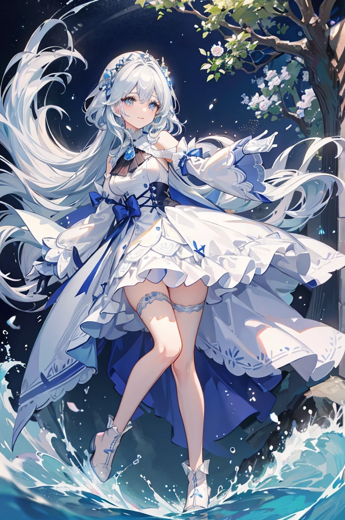 A woman with white hair and blue eyes、adult、Long, fluffy wavy hair、Braiding、Wearing hair ornaments、Smiling、Elegant and ladylike、Elegant、Princess、White gloves、Wearing a cape、White and blue dress、Wave pattern、Decorations such as roses and drops、The dress is short in the front and long in the back、Garter Ring、short boots、water、Fantasy