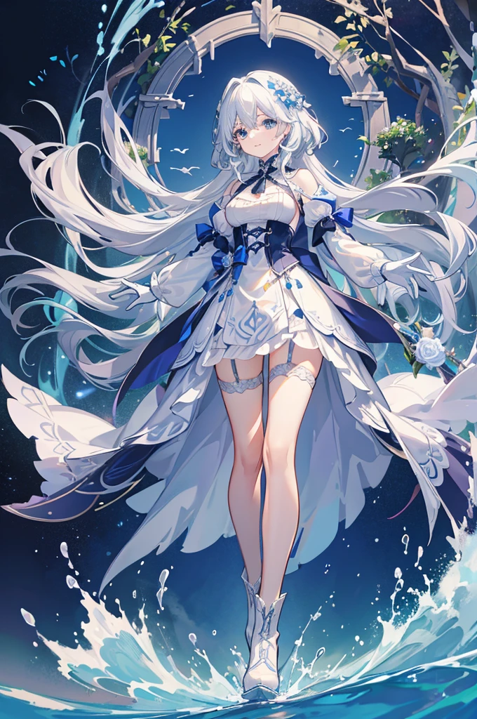 A woman with white hair and blue eyes、adult、Long, fluffy wavy hair、Braiding、Wearing hair ornaments、Smiling、Elegant and ladylike、Elegant、Princess、White gloves、Wearing a cape、White and blue dress、Wave pattern、Decorations such as roses and drops、The dress is short in the front and long in the back、Garter Ring、short boots、water、Fantasy