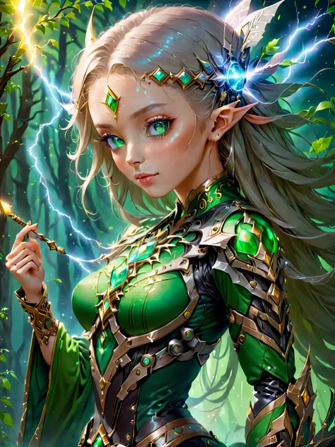 (portraite)，cowboy shot, portraite of a female elf，Unique blend of magical and futuristic mechanical themes，((Displaying her enc...