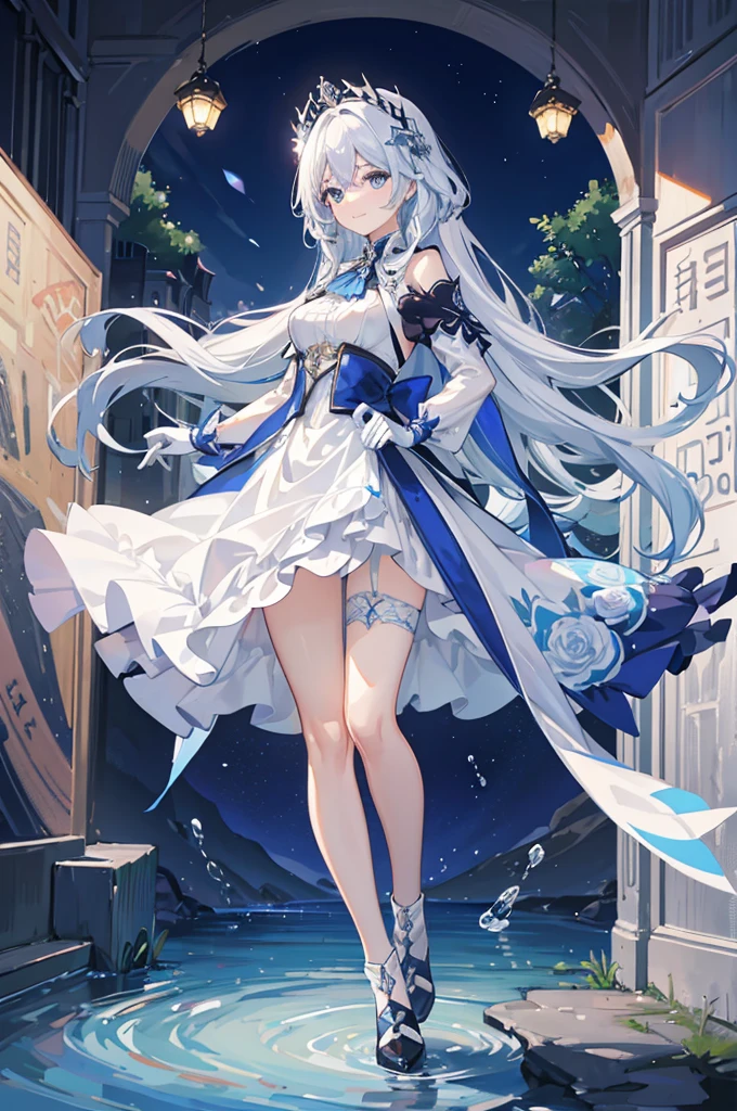 A woman with white hair and blue eyes、adult、Long, fluffy wavy hair、Braiding、Wearing hair ornaments、Smiling、Elegant and ladylike、Elegant、Princess、White gloves、Wearing a cape、White and blue dress、Wave pattern、Decorations such as roses and drops、The dress is short in the front and long in the back、Garter Ring、short boots、water、Fantasy