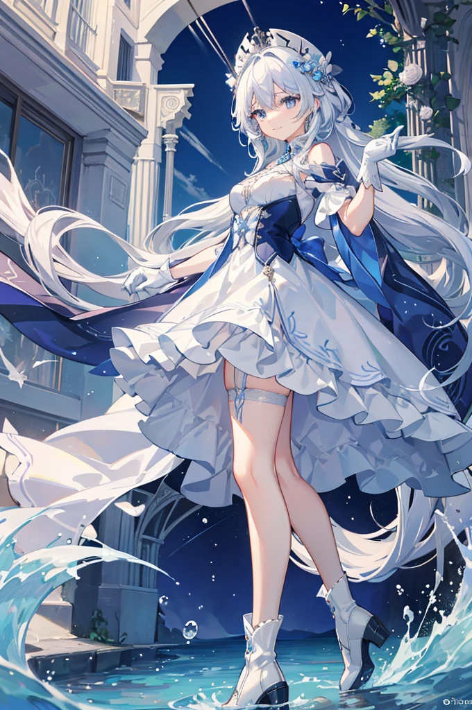 A woman with white hair and blue eyes、adult、Long, fluffy wavy hair、Braiding、Wearing hair ornaments、Smiling、Elegant and ladylike、Elegant、Princess、White gloves、Wearing a cape、White and blue dress、Wave pattern、Decorations such as roses and drops、The dress is short in the front and long in the back、Garter Ring、short boots、water、Fantasy