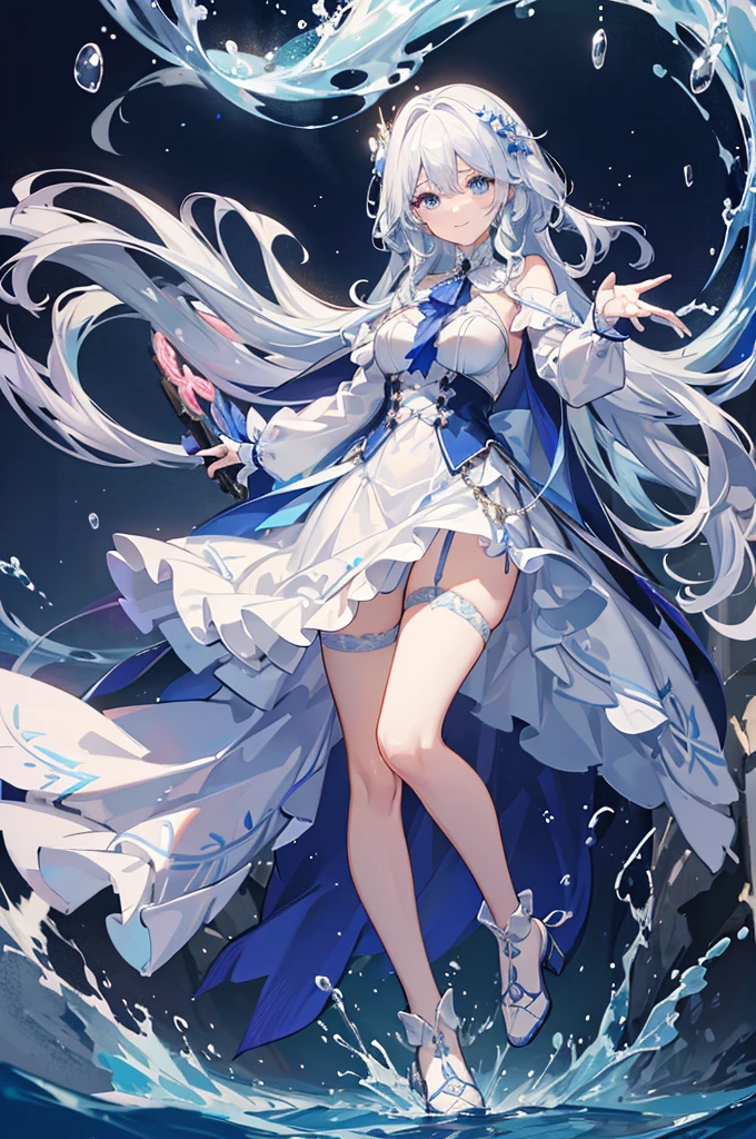 A woman with white hair and blue eyes、adult、Long, fluffy wavy hair、Braiding、Wearing hair ornaments、Smiling、Elegant and ladylike、Elegant、Princess、White gloves、Wearing a cape、White and blue dress、Wave pattern、Decorations such as roses and drops、The dress is short in the front and long in the back、Garter Ring、short boots、water、Fantasy