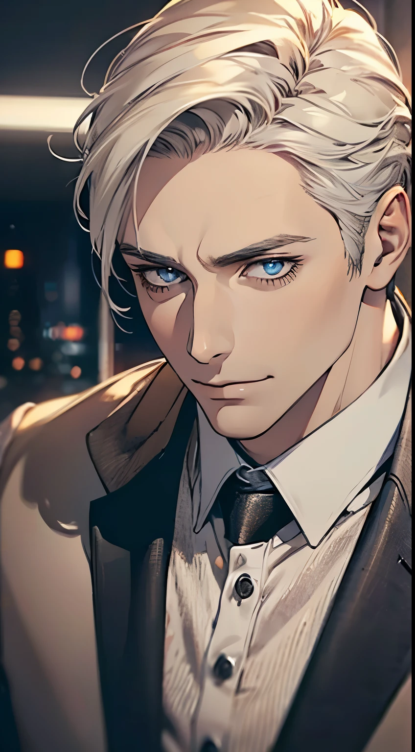 (best quality,4k,8k,highres,masterpiece:1.2),ultra-detailed,(realistic,photorealistic,photo-realistic:1.37),1 man,31 years old,mature man,very handsome,without expression,smile,short grey golden hair,blue eyes,penetrating gaze,perfect face without errors,imposing posture,businessman,office background,cinematic lighting,hdr image