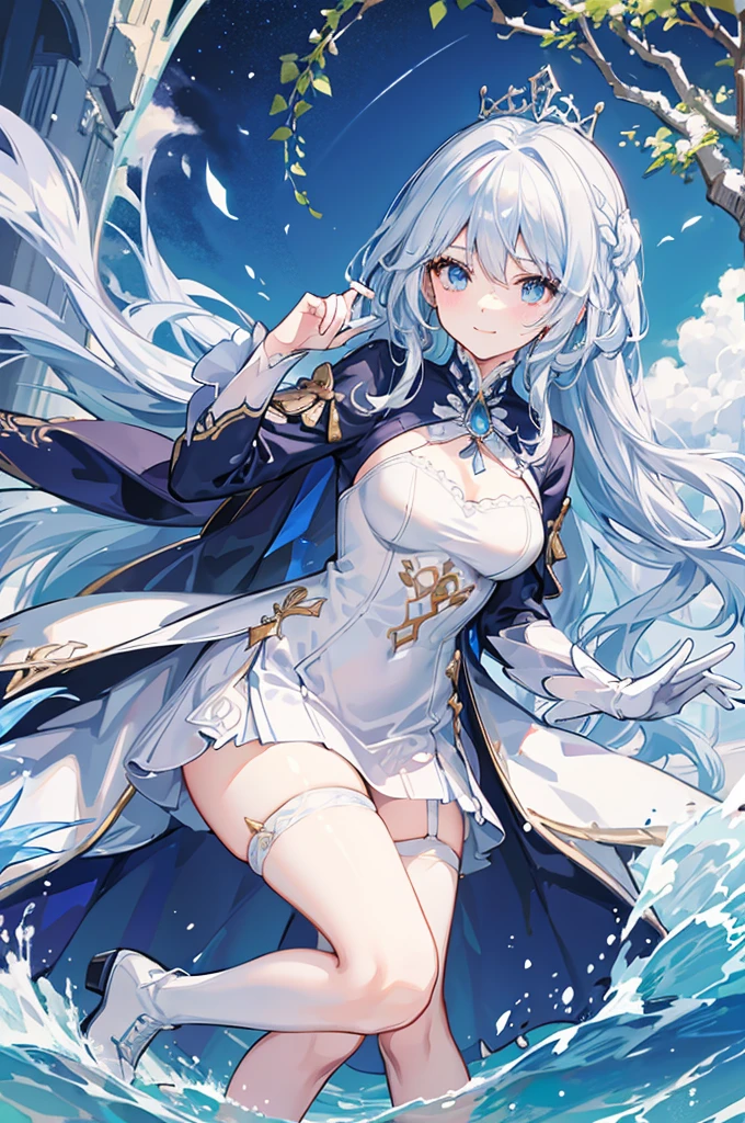 A woman with white hair and blue eyes、adult、Long, fluffy wavy hair、Braiding、Wearing hair ornaments、Smiling、Elegant and ladylike、Elegant、Princess、White gloves、Wearing a cape、White and blue dress、Wave pattern、Decorations such as roses and drops、The dress is short in the front and long in the back、Garter Ring、short boots、water、Fantasy