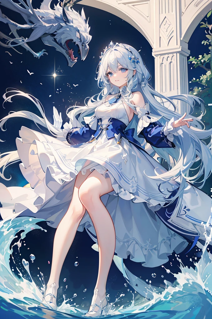 A woman with white hair and blue eyes、adult、Long, fluffy wavy hair、Braiding、Wearing hair ornaments、Smiling、Elegant and ladylike、Elegant、Princess、White gloves、Wearing a cape、White and blue dress、Wave pattern、Decorations such as roses and drops、The dress is short in the front and long in the back、Garter Ring、short boots、water、Fantasy