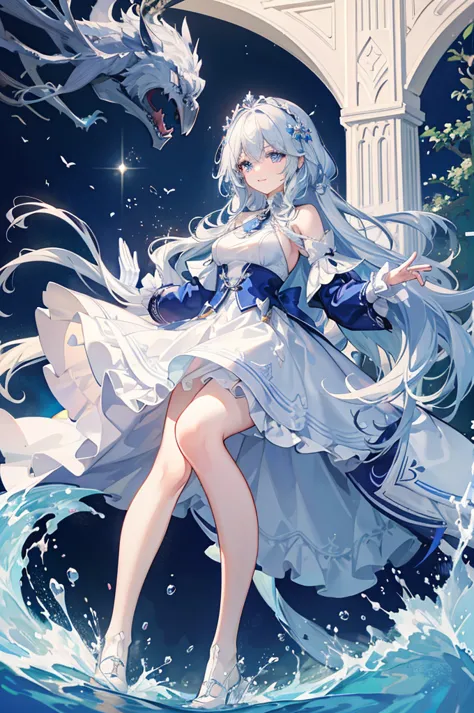 A woman with white hair and blue eyes、adult、Long, fluffy wavy hair、Braiding、Wearing hair ornaments、Smiling、Elegant and ladylike、...