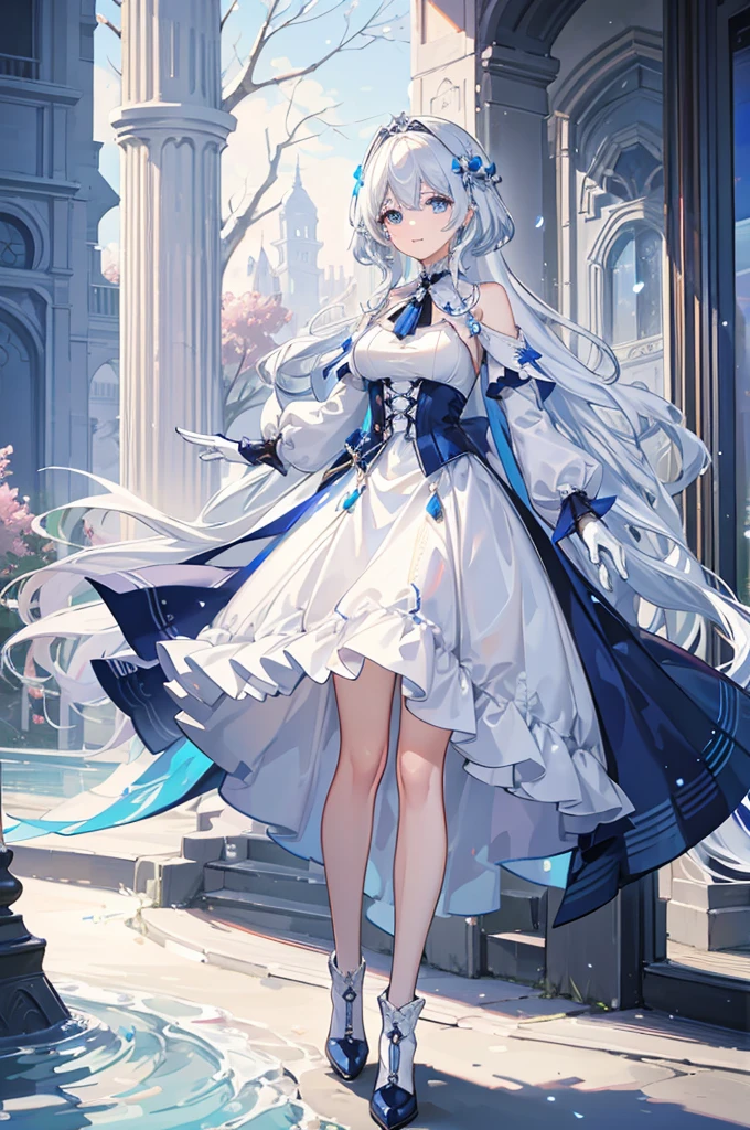 A woman with white hair and blue eyes、adult、Long, fluffy wavy hair、Braiding、Wearing hair ornaments、Smiling、Elegant and ladylike、Elegant、Princess、White gloves、Wearing a cape、White and blue dress、Wave pattern、Decorations such as roses and drops、The dress is short in the front and long in the back、Garter Ring、short boots、water、Fantasy