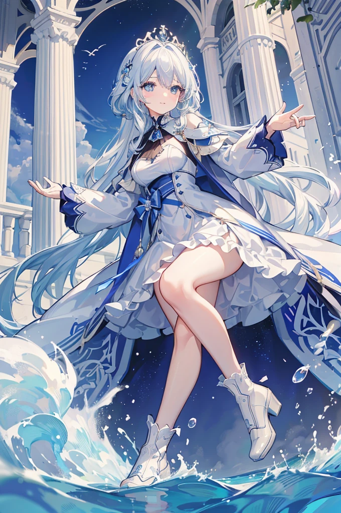 A woman with white hair and blue eyes、adult、Long, fluffy wavy hair、Braiding、Wearing hair ornaments、Smiling、Elegant and ladylike、Elegant、Princess、White gloves、Wearing a cape、White and blue dress、Wave pattern、Decorations such as roses and drops、The dress is short in the front and long in the back、Garter Ring、short boots、water、Fantasy