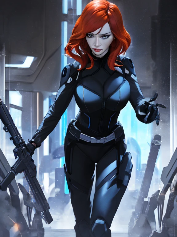 Create a dynamic 4K resolution full body portrait of Christina Hendricks as the character of Black Widow, the fierce Marvel superheroine. Visualize Christina Hendricks as Black Widow with her striking features: her short orange wavy hair. Her bright blue eyes, sharp and focused, should reflect her unwavering determination and strategic mind. She is 48 years old. Include Christina's sculpted cheekbones and slight wrinkles around the face. High-quality facial research of Christina Hendricks. Include Christina Hendricks large breasts. High-quality detailed research of Christina Hendricks voluptuous figure. Dress Christina Hendricks in the iconic Black Widow black tactical suit, with a huge bust the suit, featuring intricate details such as reinforced armor, gun holsters, utility belts, boots and the red hourglass symbol on her belt. The suit is so tight that Christina Hendricks breasts barely fit in it. The suit should appear sleek and functional, emphasizing her agility and combat prowess. Set the scene against the backdrop of a high-tech, futuristic environment, perhaps a S.H.I.E.L.D. headquarters or a cityscape at dusk, with neon lights casting dramatic shadows. Include elements such as holographic displays or glimpses of advanced technology to enhance the modern, action-packed atmosphere. The color palette should be dark and intense, with shades of black and deep reds, contrasted by the cool blues and silvers of the high-tech background, highlighting Black Widow's stealthy and formidable presence. Black Widow's expression should convey a blend of determination, focus, and a hint of vulnerability, capturing her complex character. Her gaze should be piercing and resolute, embodying her role as a master spy and a skilled combatant. This portrait aims to portray Christina Hendricks playing the role as the fictional character of Natasha Romanoff/Black Widow, capturing her iconic features and the high-stakes, action-packed world she inhabits in the Marvel universe
