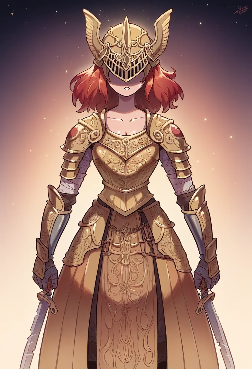 Malenia blade of Miquella from Elden Ring, Red hair, golden helmet, Golden Armor, Sword, not visibles eyes, pretty girl, full-shot view. no background. Masterpiece, UHD