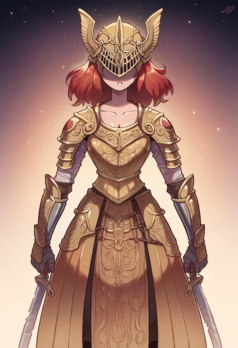 Malenia blade of Miquella from Elden Ring, Red hair, golden helmet, Golden Armor, Sword, not visibles eyes, pretty girl, full-sh...