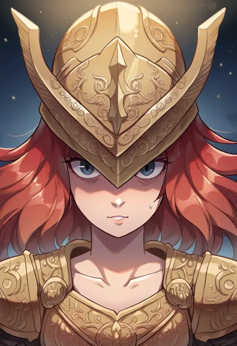 Malenia blade of Miquella from Elden Ring, Red hair, golden helmet, Golden Armor, Sword, not visibles eyes, pretty girl, full-sh...