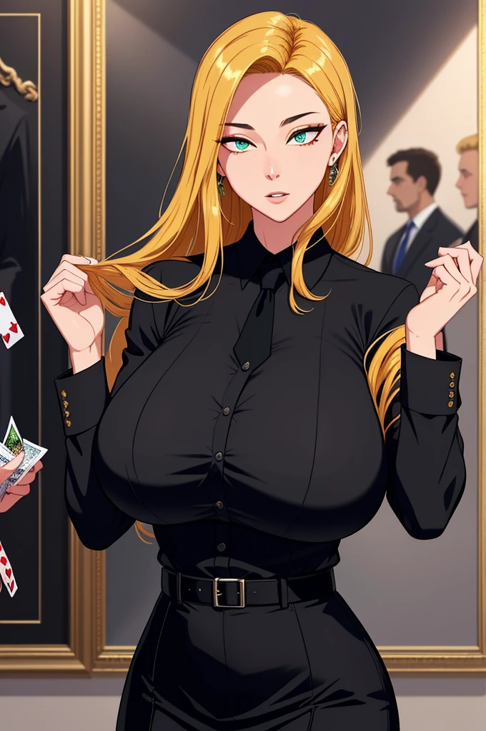 (masterpiece, highres, best quality:1.2), 8K, highly detailed, intricate, colorful, vibrant image, sharp focus, cinematic) blonde hair, long hair, green eyes, body builder (Wearing black business outfit, black_collared shirt cropped jacket ,tie,necktie,black frilled skirt, garter straps, leather waist belt) (big perfect round breasts,hourglass body,  (gigantic breasts breasts 1.6),thin waist,very thin waist, Photo realistic,(hyperrealistic:1)beautiful, masterpiece, best quality, extremely detailed face,perfect face,beautiful face, perfect lighting,detailed eye makeup, detail face, nice detailed eyes,nice hands, perfect hands,glowing eyes (realistic pupils,realistic iris:1) heavy eye makeup,(empty Casino)(Posing dynamically)