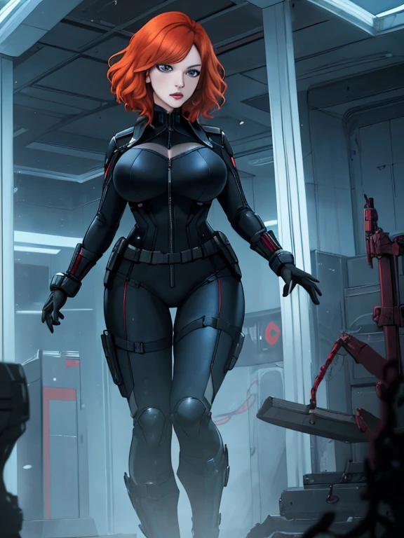 Create a dynamic 4K resolution full body portrait of Christina Hendricks as the character of Black Widow, the fierce Marvel superheroine. Visualize Christina Hendricks as Black Widow with her striking features: her short orange wavy hair. Her bright blue eyes, sharp and focused, should reflect her unwavering determination and strategic mind. She is 48 years old. Include Christina's sculpted cheekbones and slight wrinkles around the face. High-quality facial research of Christina Hendricks. Include Christina Hendricks large breasts. High-quality detailed research of Christina Hendricks voluptuous figure. Dress Christina Hendricks in the iconic Black Widow black tactical suit, with a huge bust the suit, featuring intricate details such as reinforced armor, gun holsters, utility belts, boots and the red hourglass symbol on her belt. The suit is so tight that Christina Hendricks breasts barely fit in it. The suit should appear sleek and functional, emphasizing her agility and combat prowess. Set the scene against the backdrop of a high-tech, futuristic environment, perhaps a S.H.I.E.L.D. headquarters or a cityscape at dusk, with neon lights casting dramatic shadows. Include elements such as holographic displays or glimpses of advanced technology to enhance the modern, action-packed atmosphere. The color palette should be dark and intense, with shades of black and deep reds, contrasted by the cool blues and silvers of the high-tech background, highlighting Black Widow's stealthy and formidable presence. Black Widow's expression should convey a blend of determination, focus, and a hint of vulnerability, capturing her complex character. Her gaze should be piercing and resolute, embodying her role as a master spy and a skilled combatant. This portrait aims to portray Christina Hendricks playing the role as the fictional character of Natasha Romanoff/Black Widow, capturing her iconic features and the high-stakes, action-packed world she inhabits in the Marvel universe
