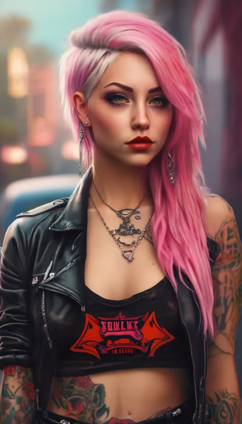 young adult woman 22 years realistic, sexy with medium tits, modern punk style similar to harley queen, with long blonde and a l...