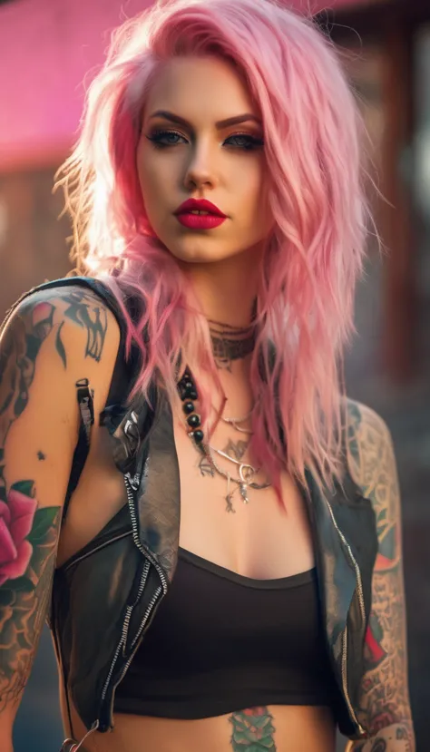 young adult woman 22 years realistic, sexy with medium tits, modern punk style similar to harley queen, with long blonde and a l...