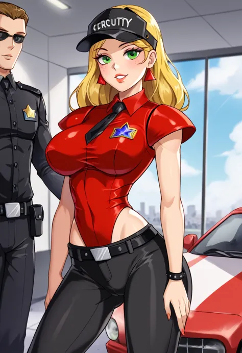 vanessa from fnaf, blond girl, green eyes, security guard, very sexy. colored commercial center background. masterpiece, uhd