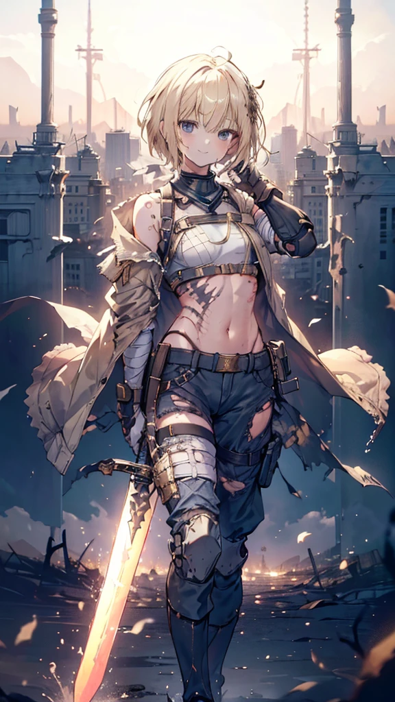 (Young blonde girl), (short hair to shoulders), (big confidence smile), (bandages covering chest), (dirty aspect, scars), (militar pants and boots), (great sword with one hand), (exposed belly), (Torn military clothes), (apocalypse city background), (bandages chest), (Small militar jacket), (hands hidden)