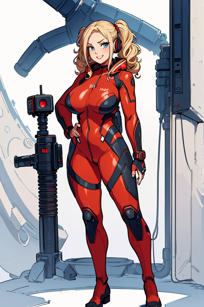 (masterpiece, best quality, high resolution,)a beautiful woman,((huge breasts)),,blonde hair tied in 2 curly pigtails,,blue eyes,,red lips, plug-in suit, full body red and black pilot suit ,smile, red interface headphones, ,((white background,)), ((full body standing)),
