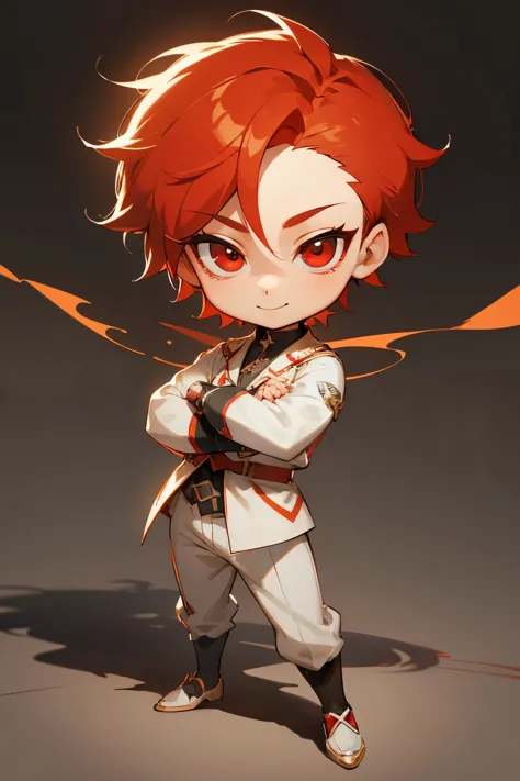 boy, full body, smile, thanks pose, cartoon style, chibi style, cute, beautiful face, red color eye, beautiful eye, high detailed pupil, double eyelid, high detailed skin, high quality skin, red color hair, white clothes, professional lighting, real shadow, masterpiece,