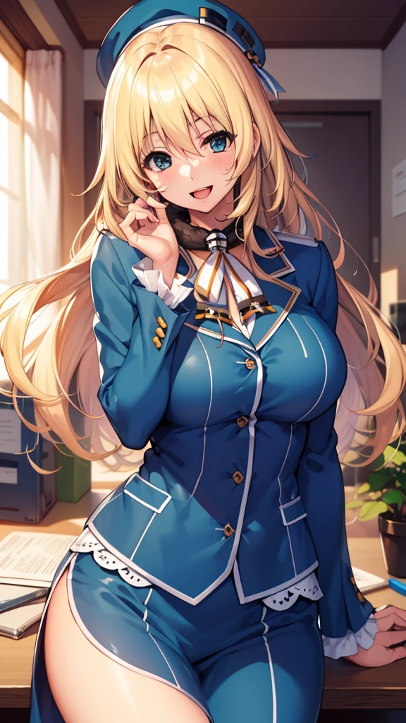 , View your viewers,
Blonde, Large Breasts, smile, Open your mouth, smile,Wide Hips,Long Hair,indoor,uniform,AtagoKC, (Atago) uniform,beret,Sitting,office,