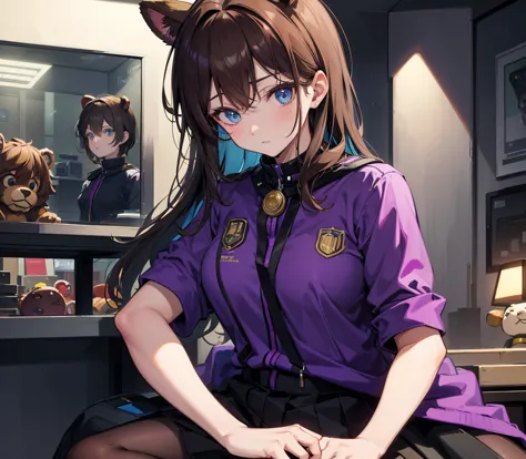 a girl with brown hair, green eyes, wearing purple clothes, with a freddy fazbear badge, sitting on a man's lap, the man wearing...