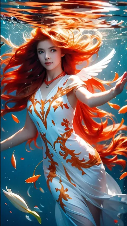 girl underwater, very long flowing red hair, Angel Wings, Orange and white lilies