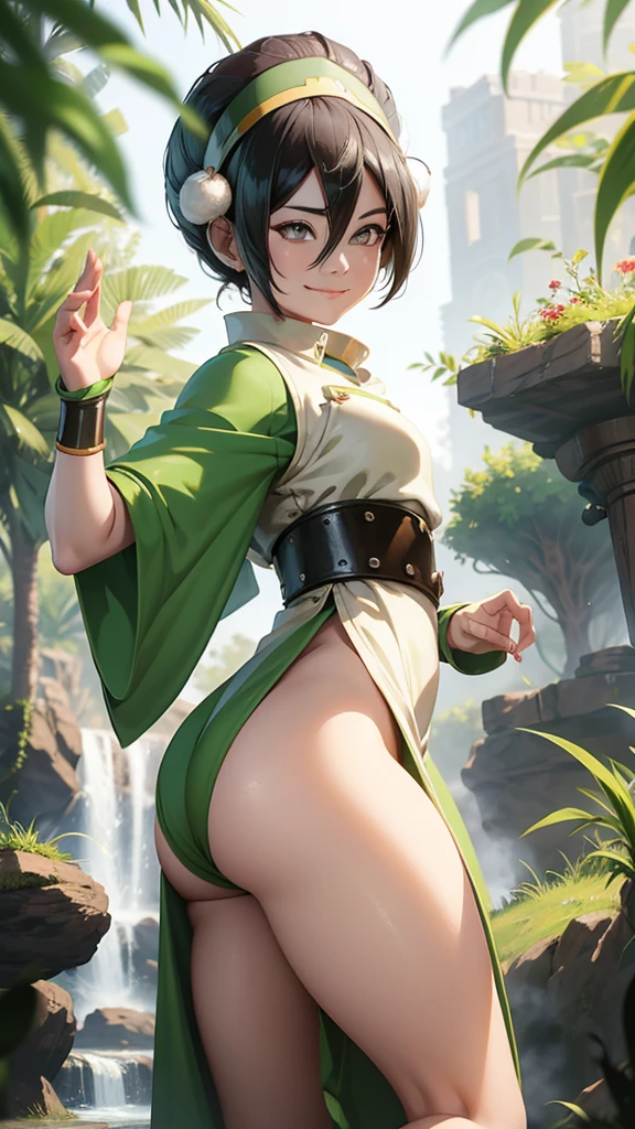 Toph beifong  ,happy, showing big ass, half naked, Forest background, smiling, sexy.