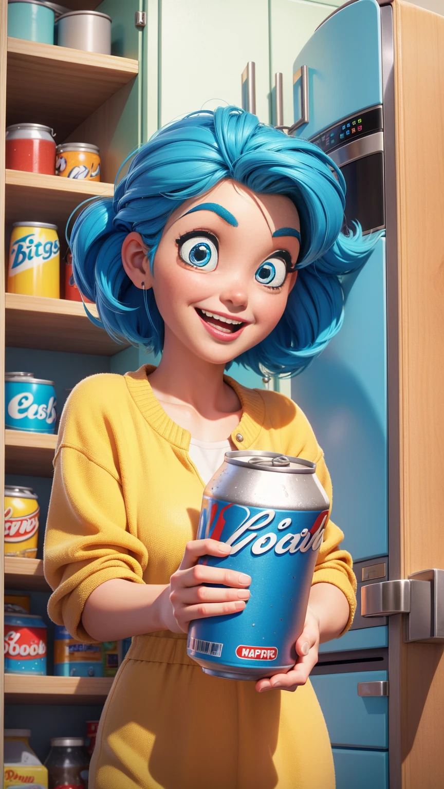 A close-up, 3D Pixar-Disney style animation showing a woman opening a refrigerator and reaching to take out a can of beer. The scene should be cheerful and colorful, with the woman's expression happy and the modern kitchen setting visible in the background.