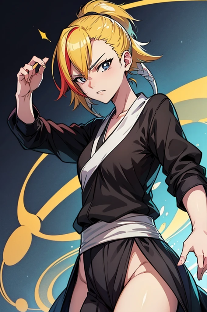 a drawing of a woman in a black outfit holding a sword, blonde, cute, inspired by Kusumi Morikage, inspired by Kanō Hōgai, inspired by Kano Sanraku, inspired by Kawabata Ryūshi, Female Samurai, Japanese anime style, anime style character