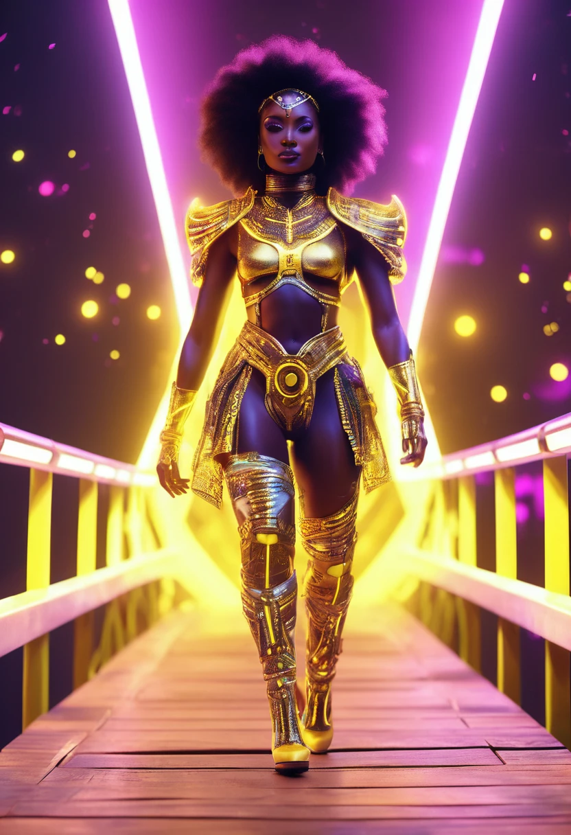 Una mujer negra vestida con ropa de algodón de diseño africano y tacones altos., caminando sobre un puente flotante de madera en el espacio exterior, Puente iluminado por luces de neón amarillas., El puente que conecta con el portal de un planeta blanco., hermosas estrellas iluminadas por neón que brillan partículas de luz iridiscentes en la escena, 32k, ultra alta definición,  motor irreal renderizado, escena hermosa y vibrante. película cinematográfica todavía, filmado en v-raptor XL, grano de la película, Viñeta, Color clasificado, posprocesado, iluminación cinematográfica, película de 35 mm, acción en vivo, mejor calidad, atmosférico, Una obra maestra, épico, impresionante, dramático