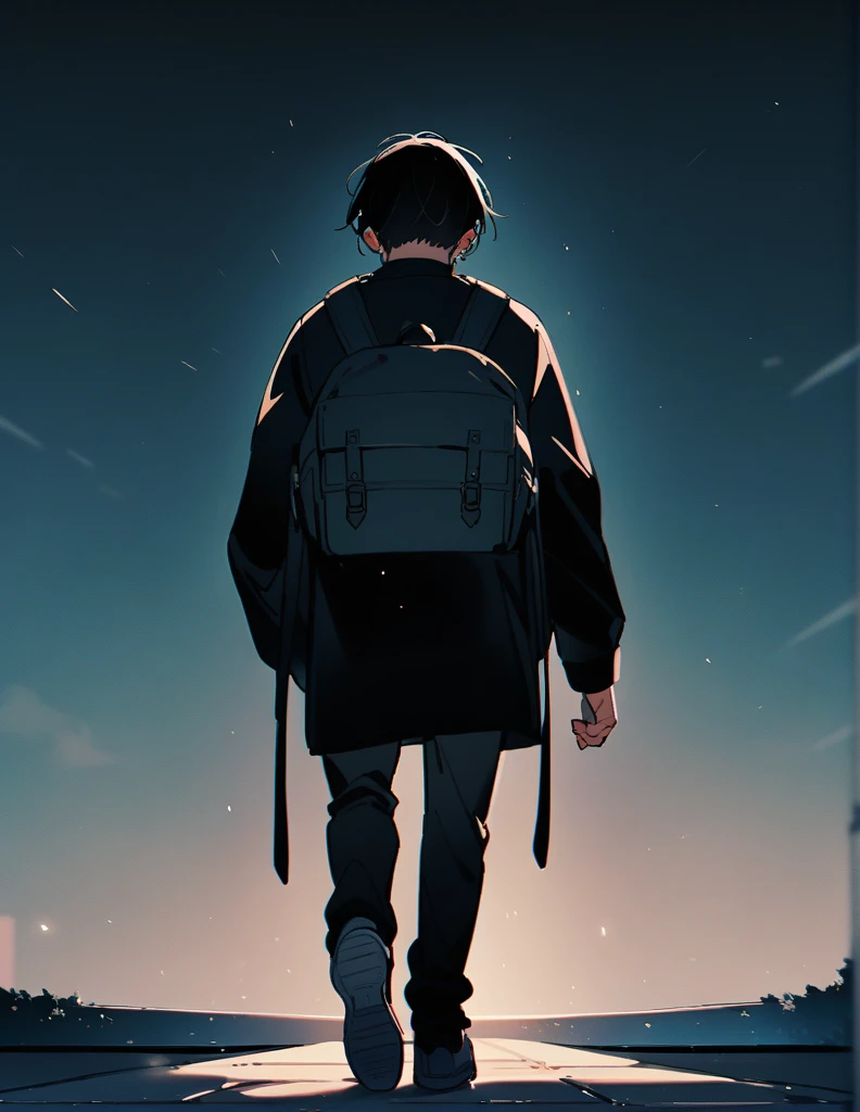 16-year-old teenage boy, long black shoulder-length hair, wearing a dark blue  and prescription glasses, wearing silver earrings, with a backpack, walking alone and with his head down