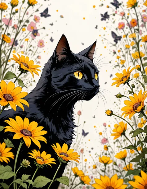 (in style of Harry Clarke:0.5),(in style of Santiago Caruso:0.7), 
1black cat, Golden vertical pupil， BREAK
flower background,(flower foreground:1.6),( background blurred:1.7),from_Side,figure-centered composition,look up,(photo:1.4),(authentic:1.5),mid_shot,looking at viewer,(blurry foreground:1.5),