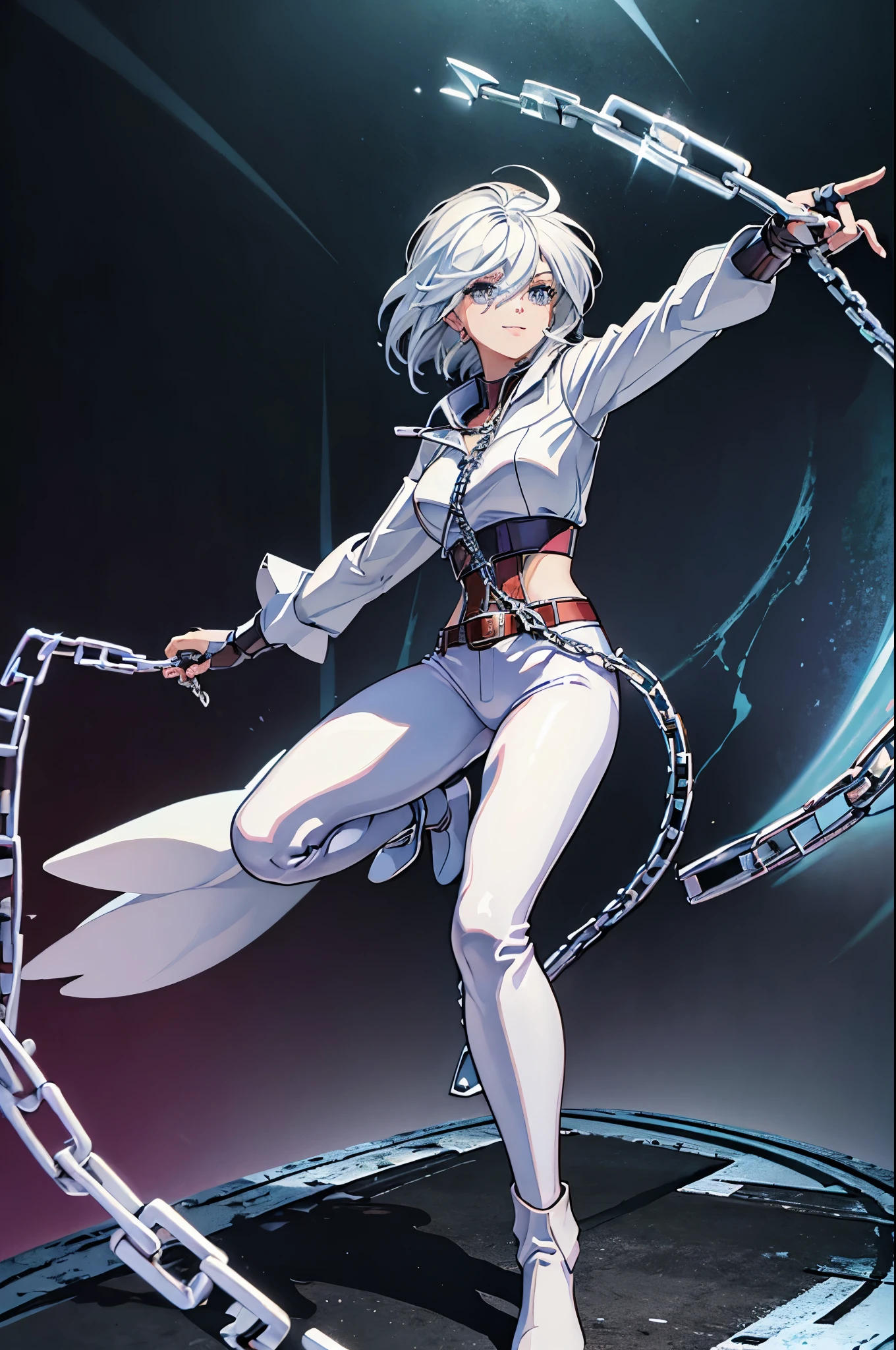 (masterpiece), best quality, silver eyes, perfect face, highres, 1girl, solo, angelms, white hair, white jacket, jeans, fingerless gloves, atacking pose, dancing around chains, evil smile, long boots, fanstasy background, cowboy shot, fullbody shot, looking at the viewer, from front, holding chains, long chain  whip