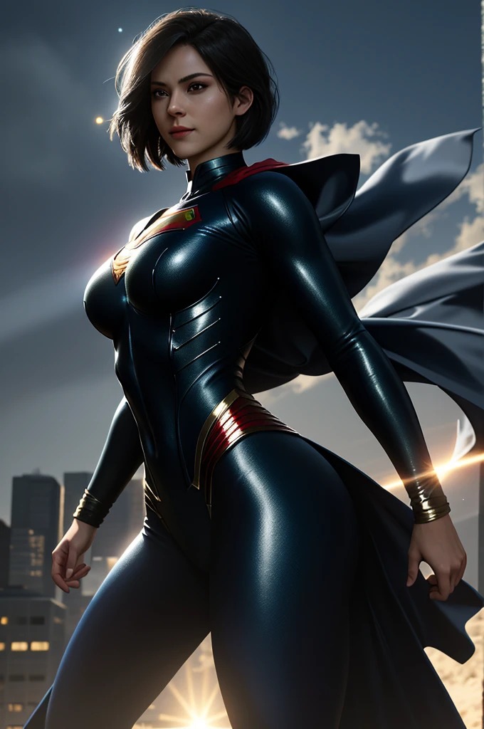 Superman female version.
Young woman dressed in tights, Short bob style hair, blue eyes,
- Entirely white and red fitted suit - suit that enhances female anatomy, 
- Standing, with a firm and confident posture, big hips, big buttocks, small waist, big chest, flying over a city with a determined look.
- In a sensual pose, ready for action, with one arm extended and the other flexed.
- Sensual and mischievous look, transmitting lust .
- A soft but confident smile can add warmth and bring the character closer.
- A cosmic scene with planets and stars, showing your connection to the universe.
- A night landscape,
- Soft, warm light that highlights the textures and details of the suit.
- Shadows that accentuate the muscles and figure, creating a dramatic contrast.
- Light effects that suggest energy and power emanating from the character.
- Hair blowing in the wind, adding dynamism.
- Visual effects such as flashes of light or auras that enhance your power.
- Add moving elements, like hair, to give life and energy to the image.
