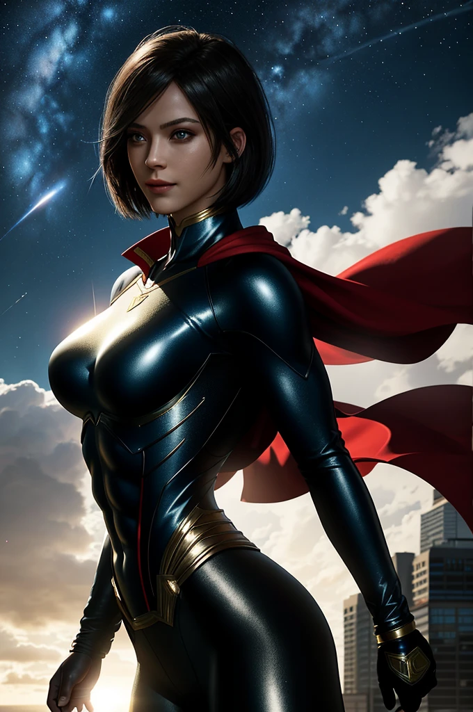 Superman female version.
Young woman dressed in tights, Short bob style hair, blue eyes,
- Entirely white and red fitted suit - suit that enhances female anatomy, 
- Standing, with a firm and confident posture, big hips, big buttocks, small waist, big chest, flying over a city with a determined look.
- In a sensual pose, ready for action, with one arm extended and the other flexed.
- Sensual and mischievous look, transmitting lust .
- A soft but confident smile can add warmth and bring the character closer.
- A cosmic scene with planets and stars, showing your connection to the universe.
- A night landscape,
- Soft, warm light that highlights the textures and details of the suit.
- Shadows that accentuate the muscles and figure, creating a dramatic contrast.
- Light effects that suggest energy and power emanating from the character.
- Hair blowing in the wind, adding dynamism.
- Visual effects such as flashes of light or auras that enhance your power.
- Add moving elements, like hair, to give life and energy to the image.
