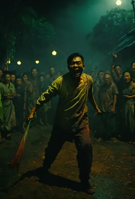 A terrifying Malacca Empire zombie stands at the center with arms stretched out at a 90-degree angle, glaring menacingly forward. The zombie is adorned with a Malacca Malay warrior costume, holding a long Javanese curves machete . Below, a panicked crowd is depicted, fleeing from the pursuing zombie. The surroundings are dimly lit, showing the faint glow of a small town. The color palette is dark and ominous, creating an atmosphere of fear. The overall composition reflects an Asian horror movie poster. hyper detail, extreme details