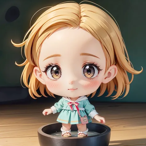 super chibi character：1.8、wearing cute sandals、background：simple all over、blonde hair、cute 7 year old girl、random cute outfits、s...