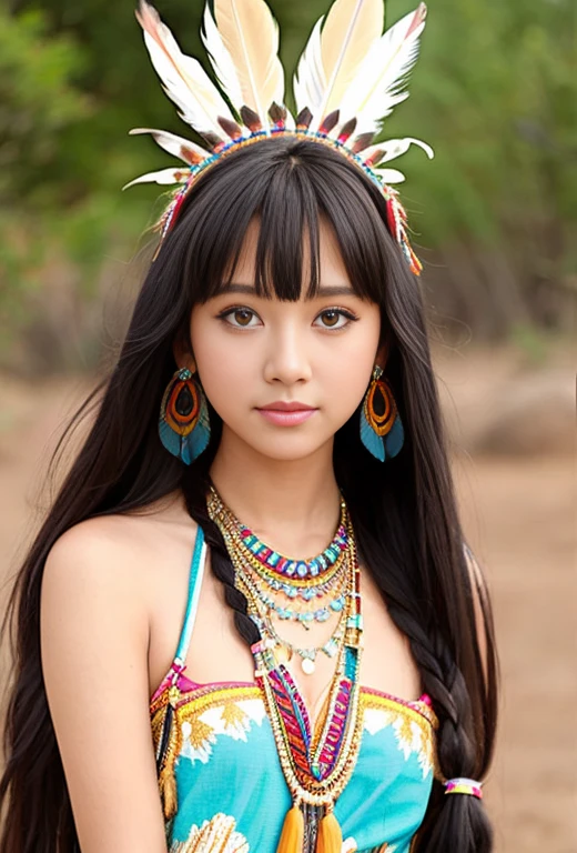 Exotic beautiful native American princess, female,very small revealing dress made with feathers, magic, alluring, sultry, full-length, female-body, hazel-eyes, bright, , OverallDetail. beautiful blurry background, perfect face and eyes, hyper-detailed hypermaximalist dynamic