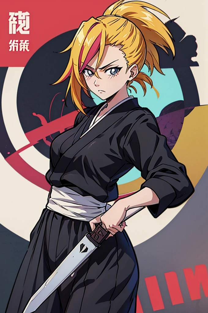 a drawing of a woman in a black outfit holding a sword, blonde, cute, inspired by Kusumi Morikage, inspired by Kanō Hōgai, inspired by Kano Sanraku, inspired by Kawabata Ryūshi, Female Samurai, Japanese anime style, anime style character